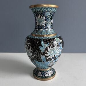 Chinese Cloisonné Brass Vase Bird / lotus / flowers 8” Tall Antique Harrods